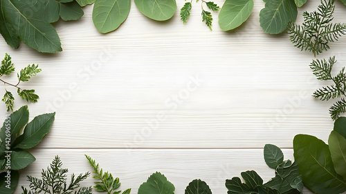 Green Leaves Frame On White Wood Background