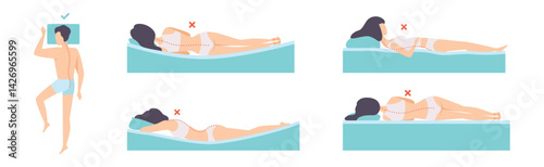 Correct and Incorrect Sleeping Body Posture of Man and Woman Vector Set