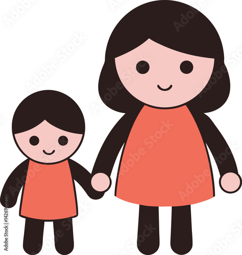 Cartoon Illustration of Mother and Child Holding Hands in Matching Outfits
