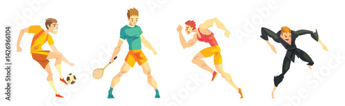 Man Athlete Character Engaged in Different Sport Vector Set