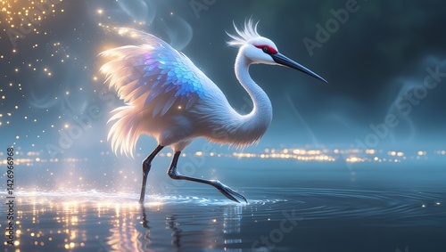 Beautiful wading bird bathed in gentle warm glow amidst shimmering water textures photo