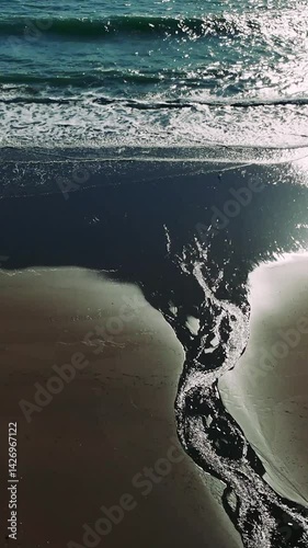Sunlight gleaming on wet shoreline, stream merging with ocean waves, creating sparkling coastal landscape at golden hour