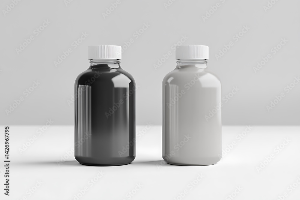 Two opaque glass bottles with white caps. Two opaque glass bottles with white caps.