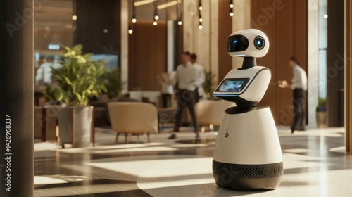 Modern hotel lobby showcases advanced robot assistant technology integration
