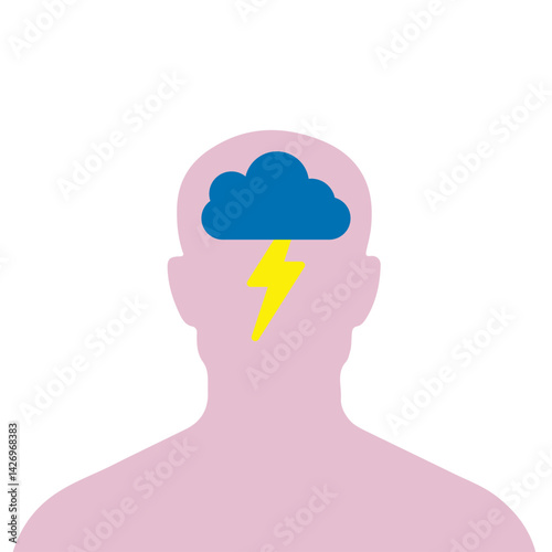 Depression Icon Vector illustration. Silhouette of a head with a cloud and lightning. Depressed disease Symbol. Brainstorming. Anger and anxiety, pessimism, stress, frustration, Unhappy sad Person.
