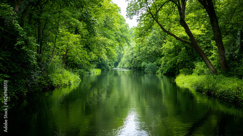 Serene Green Forest Canal Reflection
