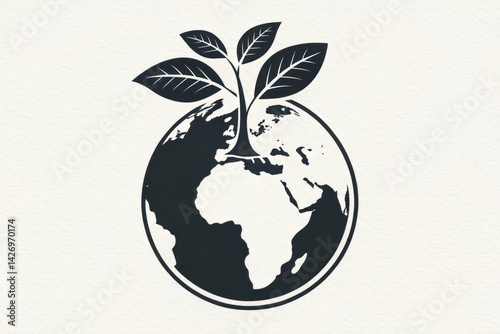 A young plant sprouting from Earth, symbolizing new growth and environmental hope, depicted in a stark, elegant black and white illustration.