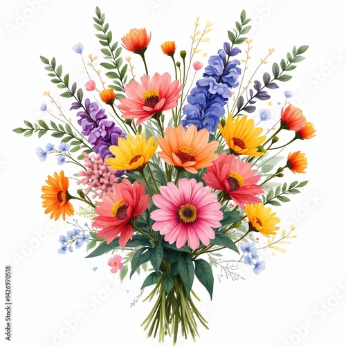Vibrant watercolor wildflower bouquet on white background. Bright flowers in pink orange yellow blue. Floral art design perfect for greeting cards wedding decor spring summer. photo