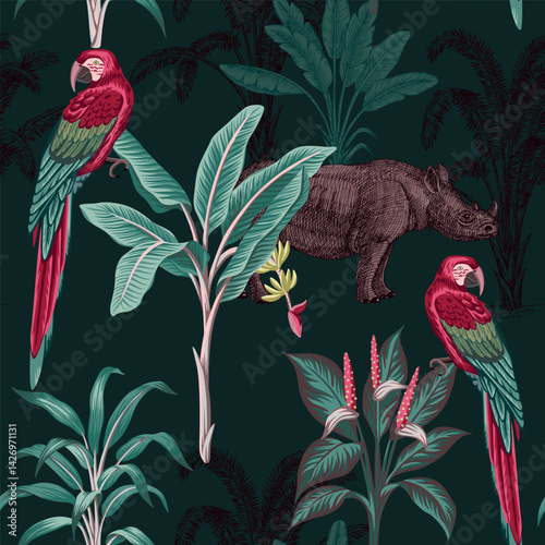 Tropical vintage macaw parrot, rhino animal, palm trees floral seamless pattern. Exotic jungle wallpaper.