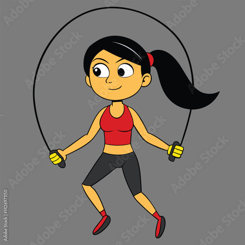Cartoon woman jumping rope fitness exercise cardio workout training sport activity design