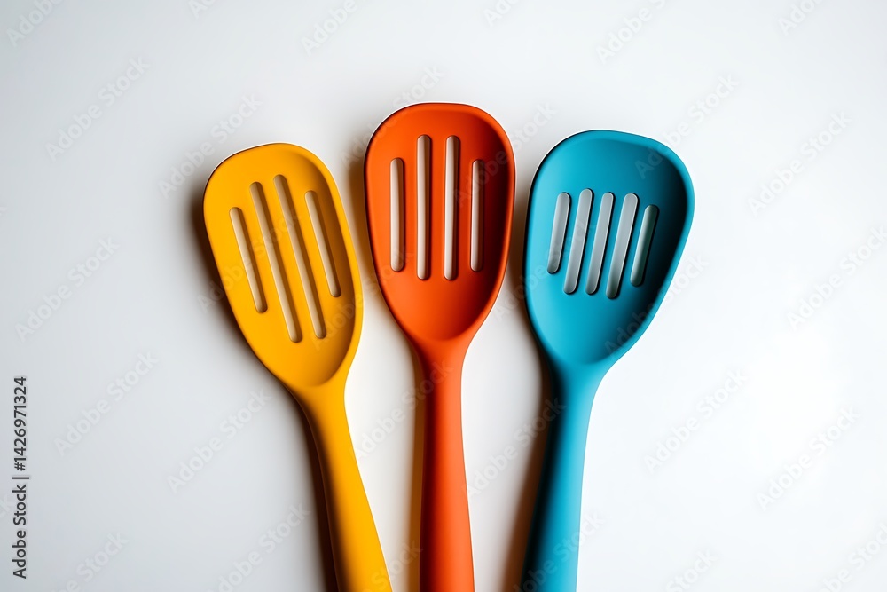 Three colorful slotted spoons arranged in a vertical trio.