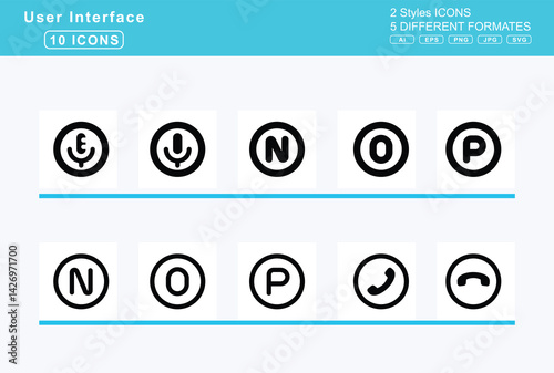 Set of 5 rounded user interface icons,circle, i, j, k, l, m