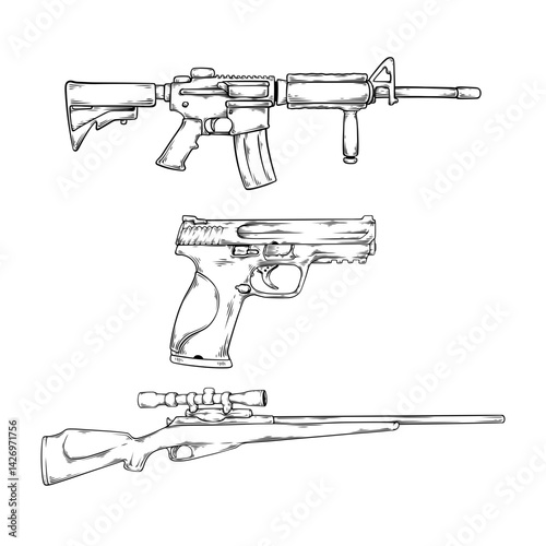 vector line art drawing illustration set collection of guns
