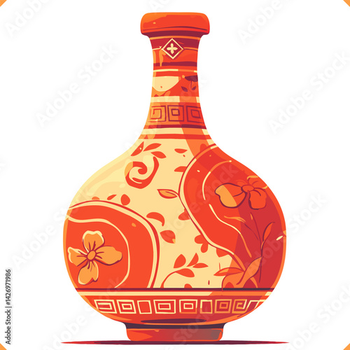 Decorative ceramic vase with floral ornament in warm colors, vector illustration on white background. 
Flat Vector Illustration on the white background. Vector EPS 10