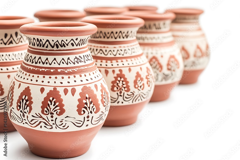 Decorative terracotta pottery vessels arranged in a row. Decorative terracotta pottery vessels arranged in a row.