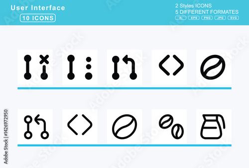 Set of 5 rounded user interface icons,code, commit, compare, fork, merge, pull, request