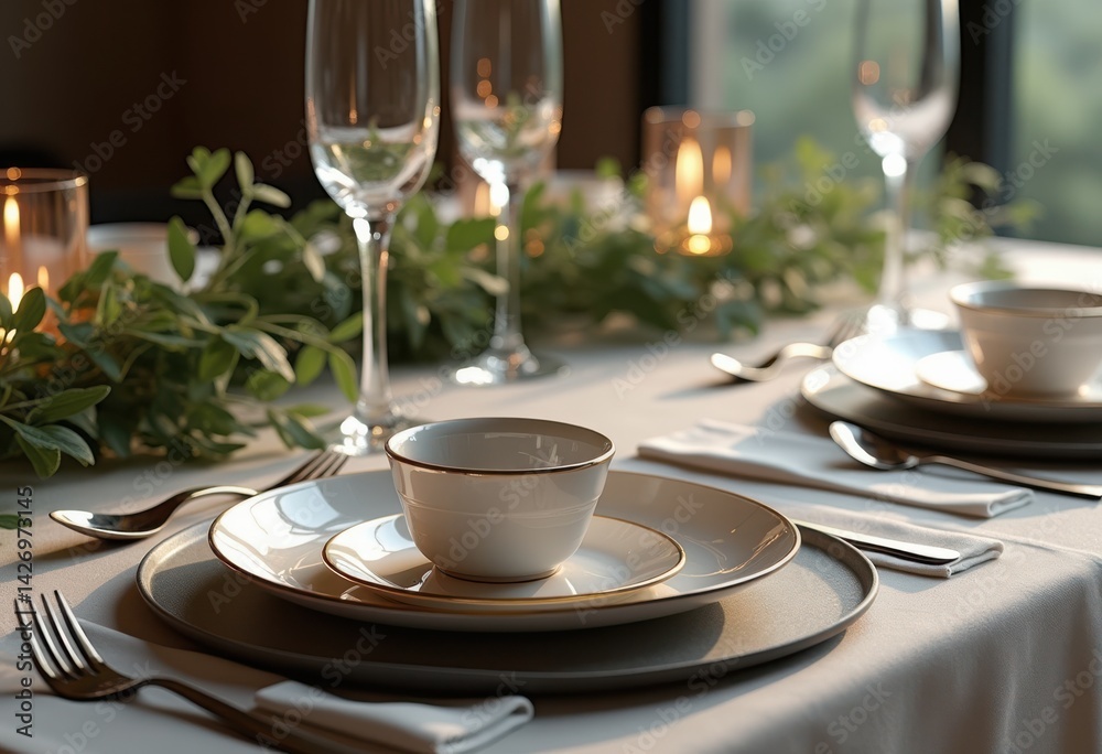 Fototapeta premium contemporary metal dinnerware elegant table setting modern aesthetic stylish dining experience, utensils, plates, bowls, cutlery, decor, service, items