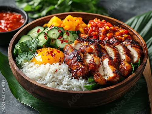 a wooden bowl containing a meal with grilled chicken, white rice, a side of green peas, diced pineapple, and a red salsa sauce. The dish is garnished with chopped cilantro.
