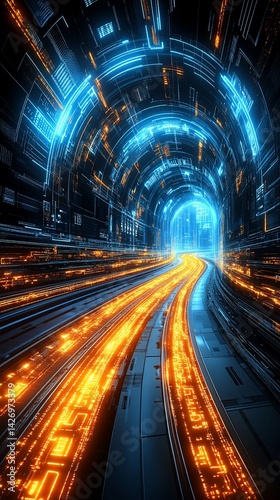 Data flows through an illuminated tunnel, vibrant, digital network in motion