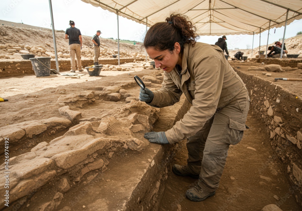 Woman archaeologist carefully examines ancient ruins with magnifying glass at excavation site, uncovering historical artifacts and exploring concept of history and research under tent.