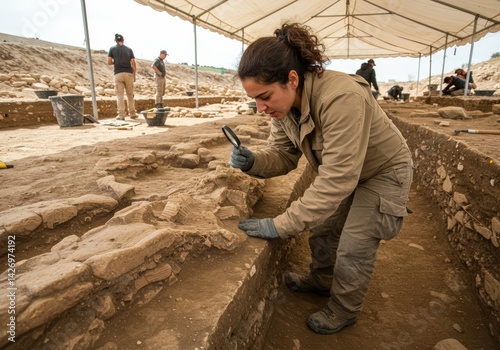 Obraz na płótnie Woman archaeologist carefully examines ancient ruins with magnifying glass at excavation site, uncovering historical artifacts and exploring concept of history and research under tent. w salonie