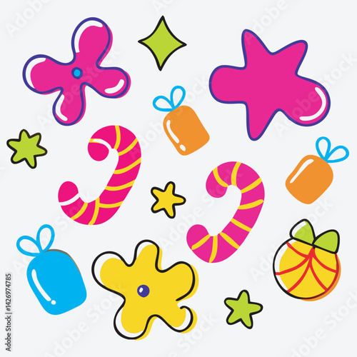 Playful Candy Chaos: A whimsical jumble of brightly colored candies, each outlined with a bold black line, creates a joyful and chaotic pattern against a pristine background.