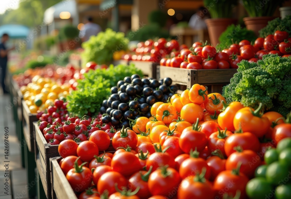 vibrant fresh produce colorful vegetables fruits wooden crates bounty market harvest organic display, crops, natural, healthy, tomato, cucumber, pepper vibrant fresh produce colorful vegetables fruits wooden crates bounty market harvest organic display, crops, natural, healthy, tomato, cucumber, pepper