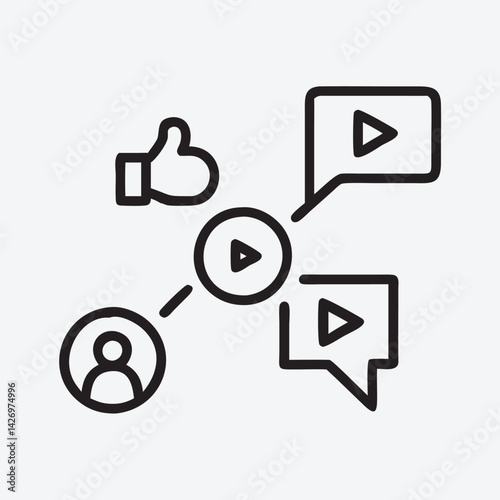 Video Content Engagement: A simple line art illustration depicting the engagement of video content through likes, comments, and shares, symbolizing the reach and interaction of online video. 