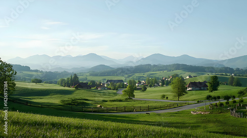 Panoramic View Of Swiss Village Nestled In Lush Green Valley