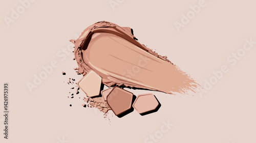 A modern vector design featuring a stroke of foundation alongside hexagonal swatches of makeup powder. Ideal for beauty and cosmetic projects.