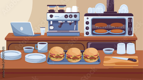 Explore a vibrant café scene featuring juicy burgers, coffee equipment, and a cozy atmosphere. Perfect for food and restaurant-themed projects.