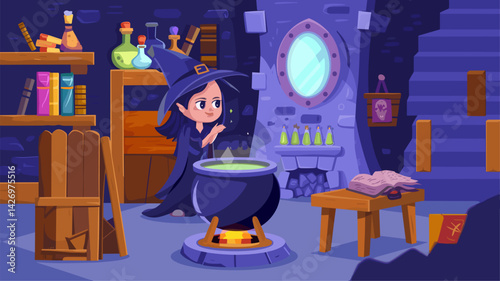 A whimsical scene featuring a cute cartoon witch in a magical laboratory, carefully brewing a potion. The cozy environment includes shelves of potions, a bubbling cauldron, and mystical deco...