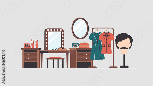 Explore a contemporary dressing room scene showcasing stylish makeup tools, elegant outfits, and a distinct mannequin. Perfect for beauty and fashion enthusiasts!