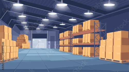 A spacious warehouse interior featuring organized shelving units filled with cardboard boxes. The industrial setting is illuminated by ceiling lights, offering a clean and professional appea...