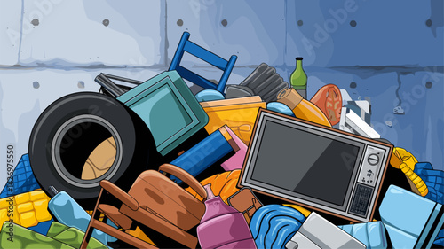 A vibrant and chaotic illustration of various discarded household items including furniture, tires, and appliances, emphasizing the importance of recycling and waste management.