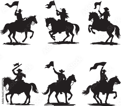 A set of black cowboy silhouettes riding horses in different dynamic poses, holding flags on white background