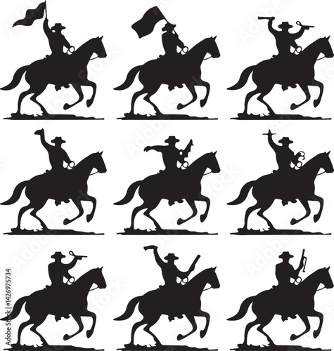 A set of black cowboy silhouettes riding horses in different dynamic poses, holding flags on white background