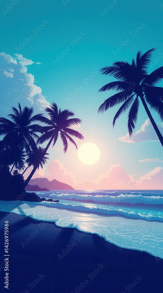 Obraz premium Tropical beach paradise with palm trees and a vibrant sunset painting the sky with soft colors.