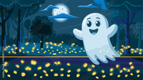 A playful cartoon ghost with a smiling face dances happily in a moonlit forest. Surrounded by glowing fireflies, this whimsical scene captures the fun of Halloween nights.