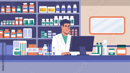 An illustration of a pharmacist standing at a computer in a well-organized pharmacy. Shelves filled with various medicines and medical supplies are in the background, reflecting a profession...