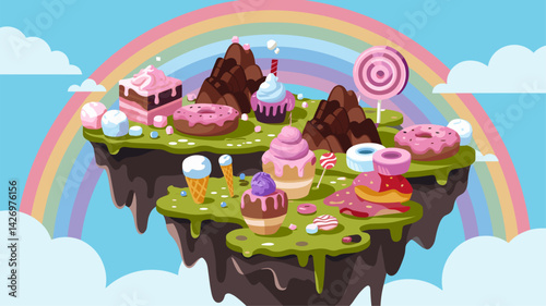 Explore a whimsical dessert-themed island featuring vibrant ice cream, cakes, and candies under a colorful rainbow. Perfect for children's content.