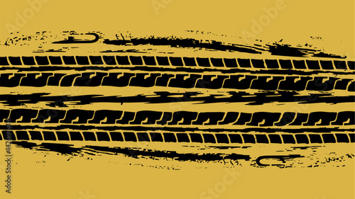 A striking vector image featuring bold tire track patterns in black against a vibrant yellow background. Perfect for automotive themes or graphic design projects.
