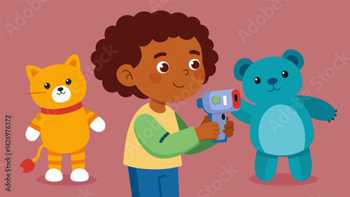 A child enthusiastically using a toy thermal imaging camera to diagnose their stuffed animals pretending to be a veterinarian.. Vector illustration