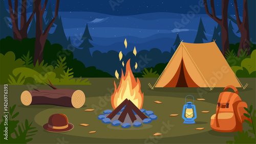 A vibrant camping illustration featuring a warm campfire, a tent, and essential gear like a lantern and backpack, set in a serene forest at night.