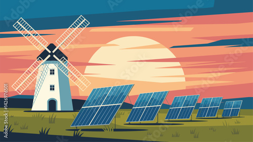 A vibrant sunset landscape featuring a windmill and rows of solar panels in the foreground, symbolizing sustainable energy and innovation.