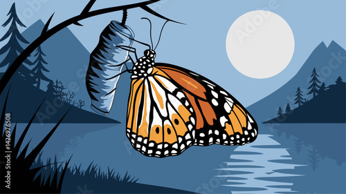 A striking vector illustration of a butterfly emerging from its chrysalis against a serene moonlit lake. This design captures the essence of transformation and nature's beauty.