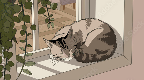 A charming illustration of a cat sleeping peacefully on a window sill surrounded by indoor plants, capturing a cozy and serene atmosphere.