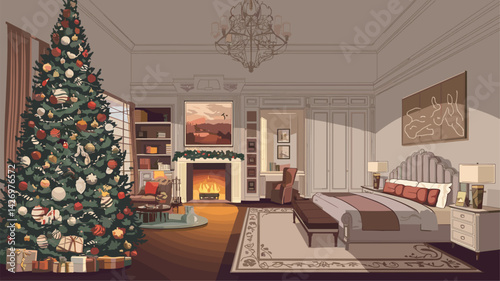 This inviting bedroom scene features a beautifully decorated Christmas tree, a flickering fireplace, and elegant furnishings. Ideal for holiday-themed designs or decor promotion.