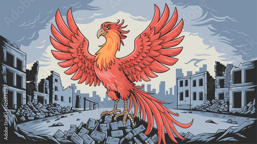 A vibrant phoenix with fiery feathers standing triumphantly atop rubble in a desolate, post-apocalyptic landscape. The dramatic background features stormy skies and crumbling buildings, symb...