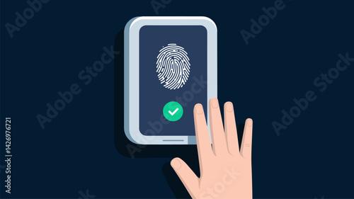 Illustration of a hand using a smartphone with a fingerprint scanner to unlock the device. Represents modern security and biometric technology.